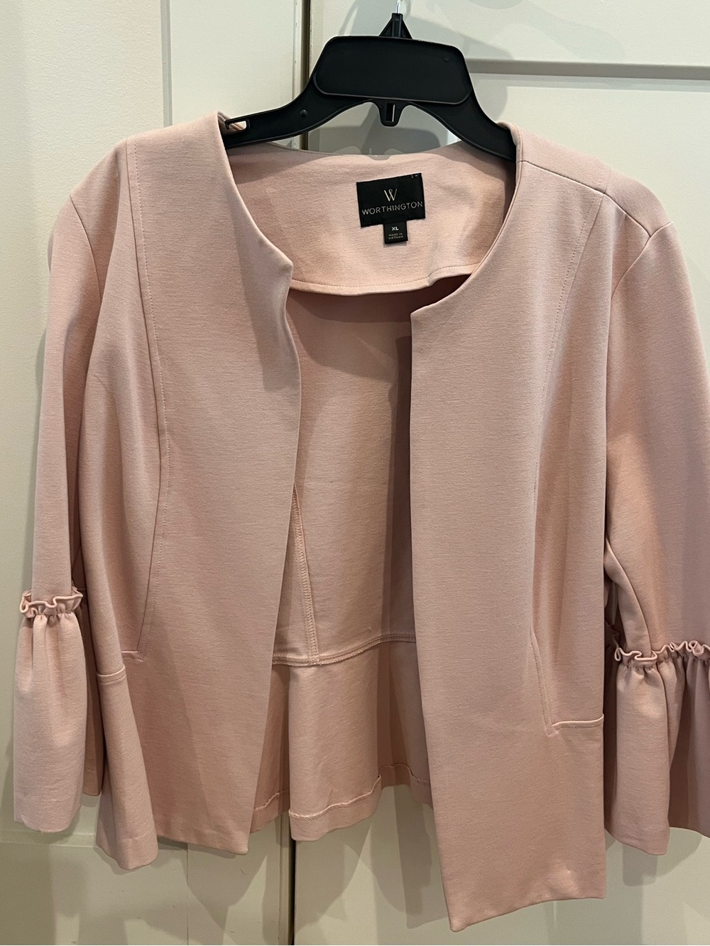 Worthington Dusty Pink Ruffle-Sleeve Open Jacket